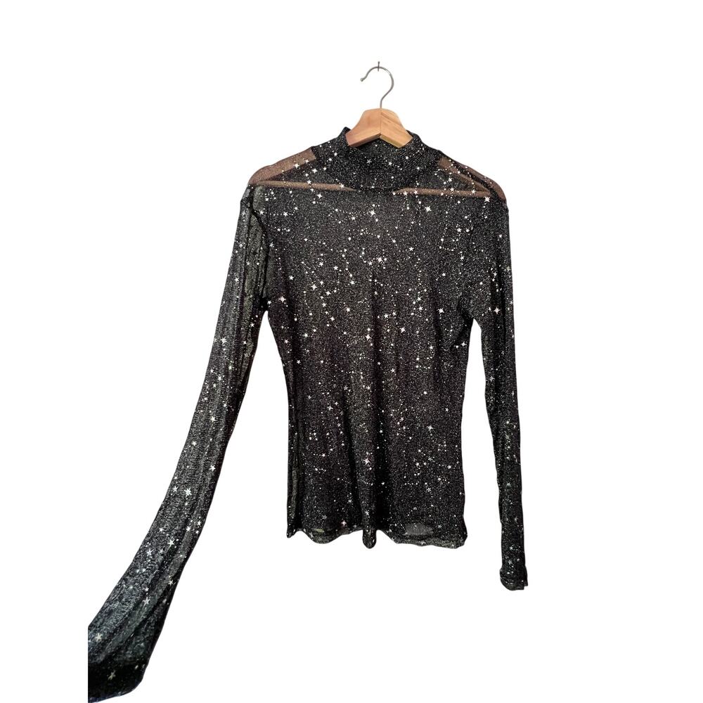 Shimmer Sheer Starry Black Mock neck Rhinestone Mesh Rave Top